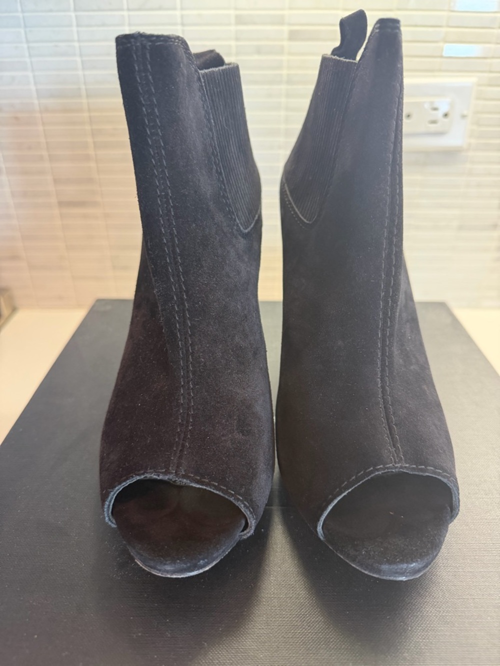 Pedro Garcia Black Suede Peep-Toe ankle booties with a stiletto heel